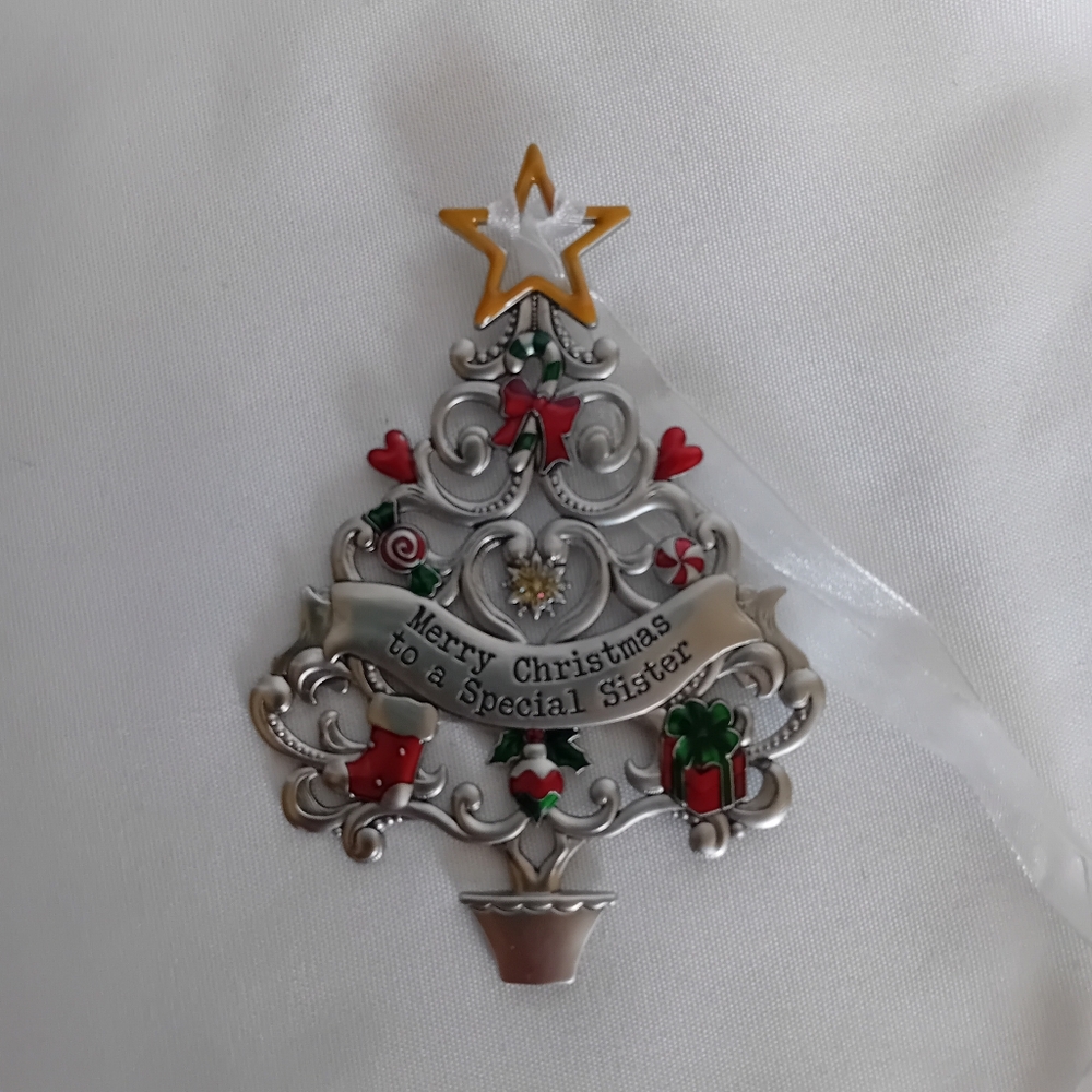 Silver Special Sister Christmas Tree Ornament with Red and Gold Accents